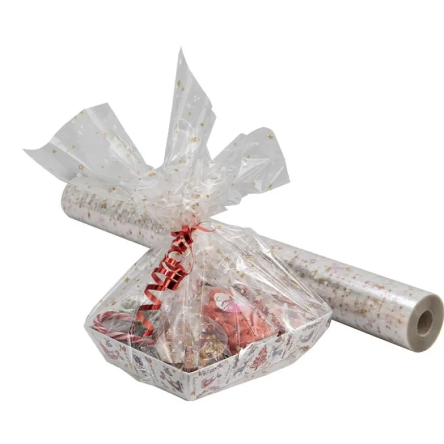 Rouleau film fleuriste transparent – 0,8 x 120 m – étoiles or et blanches