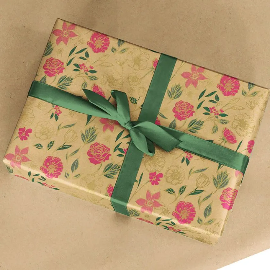Rouleau papier cadeau kraft 0,7 x 50 m 65g imprimé fleurs - Viquel
