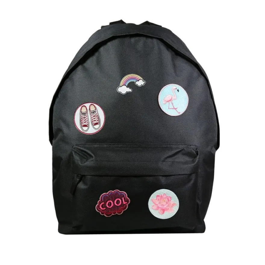 Sac à dos + 1 trousse - 1 compartiment - noir - avec 5 patchs fille - Bagtrotter