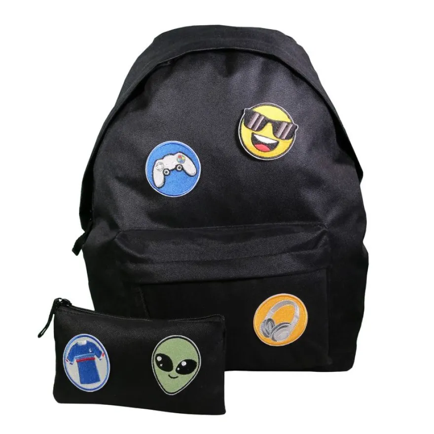 Sac à dos 1 compartiment + trousse à personnaliser avec 5 patchs autocollants - garçon - noir - Bagtrotter