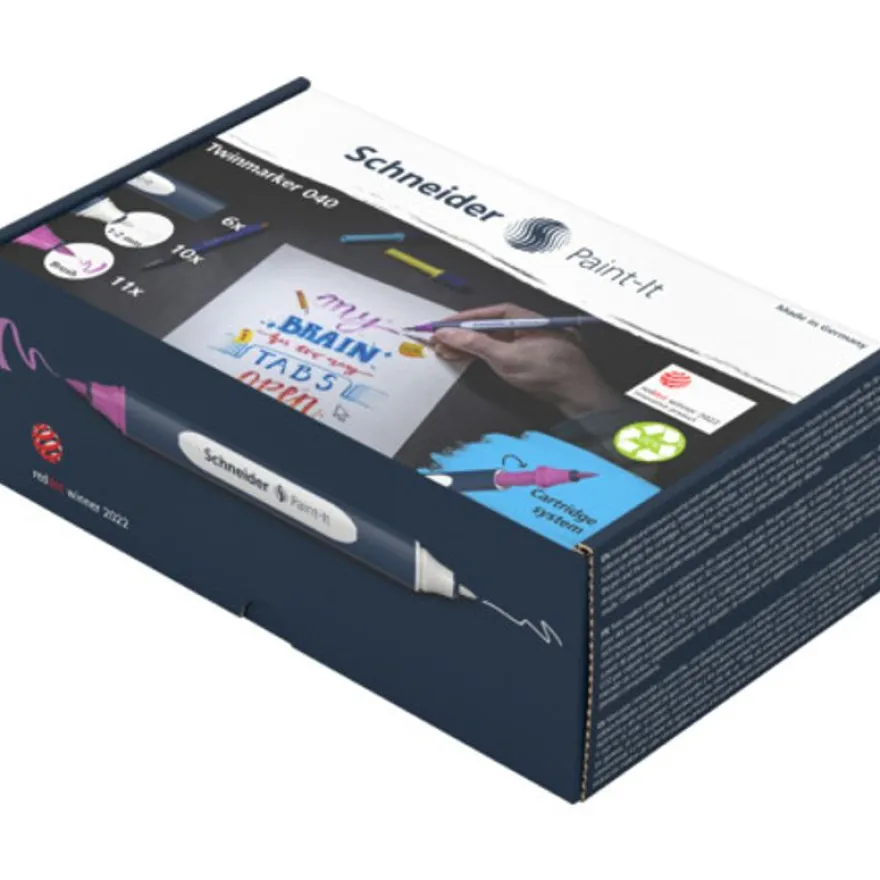 Schneider Paint-It 040 SetTwin Marker - 10 cartouches de recharges à pointe ogive + 11 à pointe pinceau + 6 corps - couleurs assorties