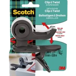 Scotch Clip & Twist - Dévidoir gris avec ruban adhésif Scotch Magic 19 mm x 8,89 m
