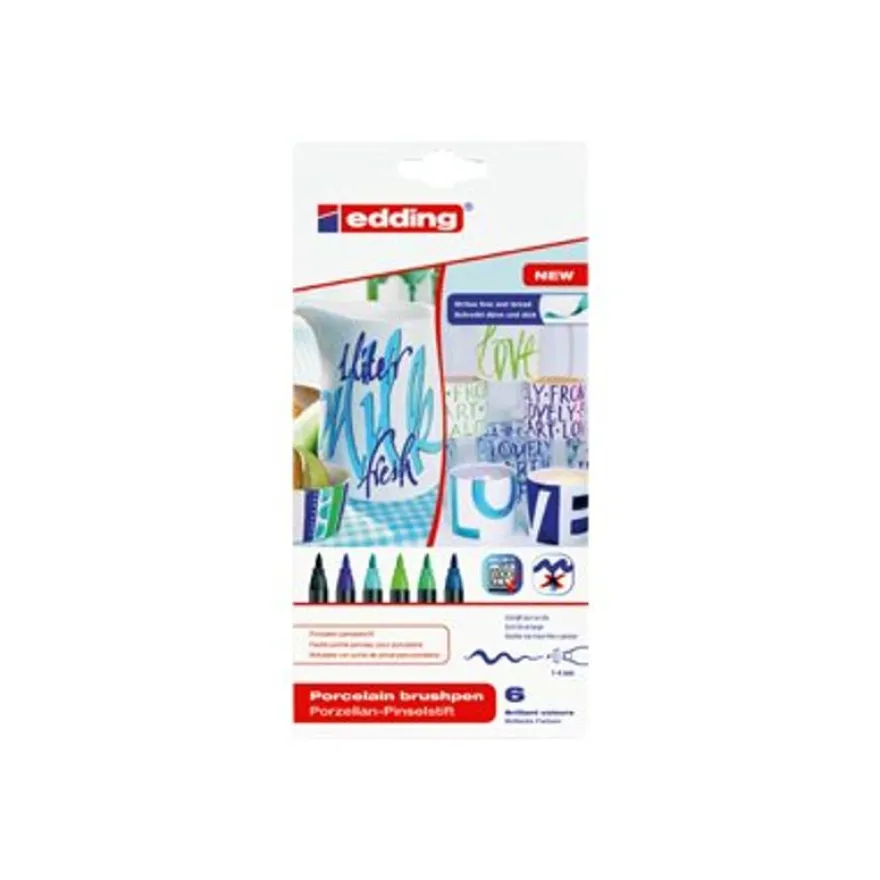 Set de 6 pinceaux pour porcelaine Edding 4200 – Couleurs froides - pointe pinceau 1-4 mm - encre pigmentée résistante à la chaleur et au lave-vaisselle