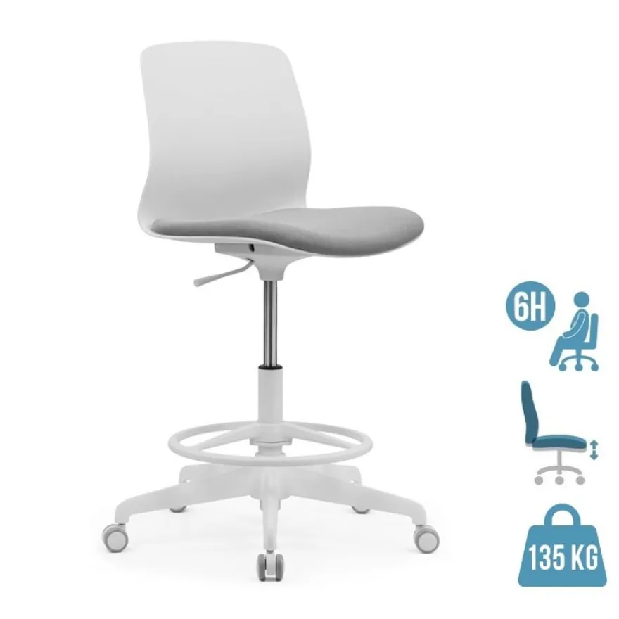 Siege technique LYNA - tabouret assis-debout - hauteur réglable - repose-pieds - gris/blanc