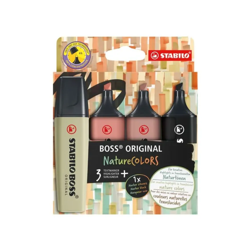 STABILO BOSS ORIGINAL NatureCOLORS - 4 Surligneurs - terre d'ombre, Sienne, vert boueux, noir