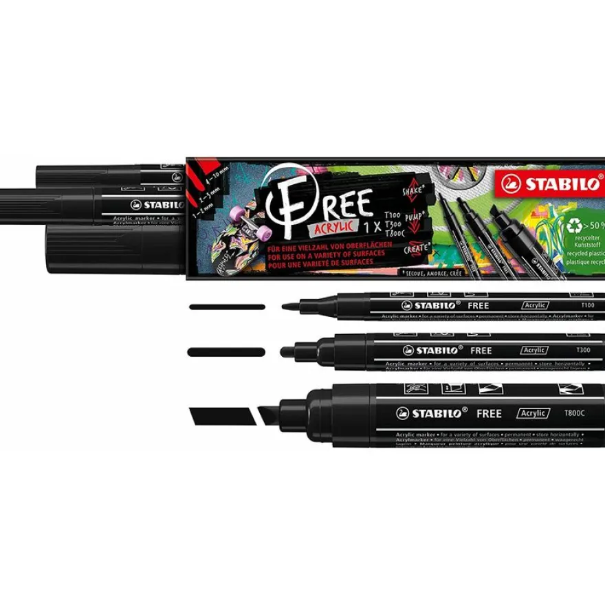 STABILO FREE - Pack de 3 marqueurs acryliques - noir - pointes mixtes