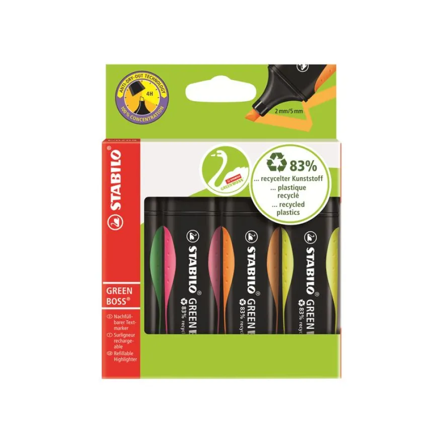 STABILO GREEN BOSS - Pack de 4 surligneurs - couleurs assorties