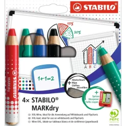 STABILO MARKdry - Pack de 4 crayons de coloriage larges + 1 taille-crayon et 1 chiffonnette - couleurs assorties