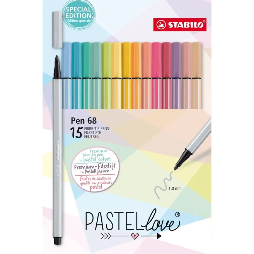 STABILO Pen 68 Pastellove - Pack de 15 feutres - couleurs pastels assorties