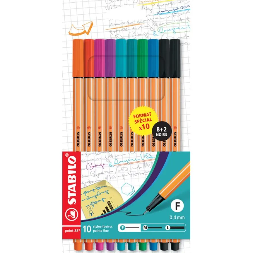 STABILO Point 88 - Etui carton x 10 Stabilo pointe fine - 0.4 mm - Format spécial 8+2 - noirs