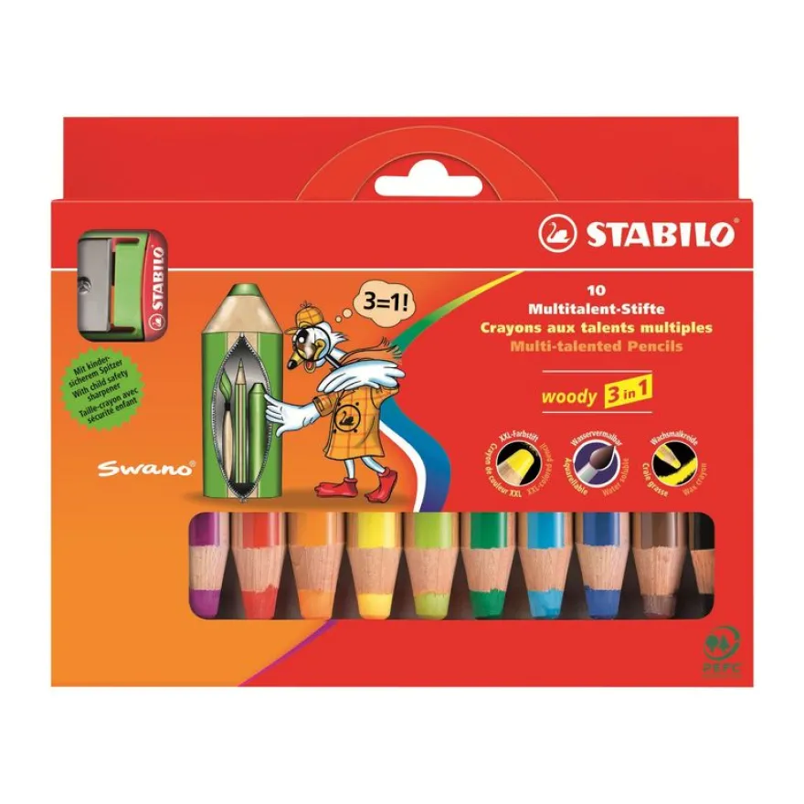 Stabilo woody 3 in 1 - 10 Crayons de couleur - 10 mm - couleurs assorties