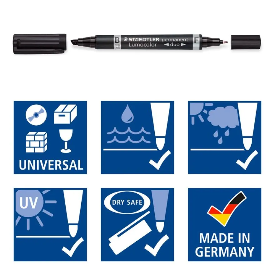 STAEDTLER LUMOCOLOR Duo - Marqueur permanent - double pointe fine et biseautée - noir