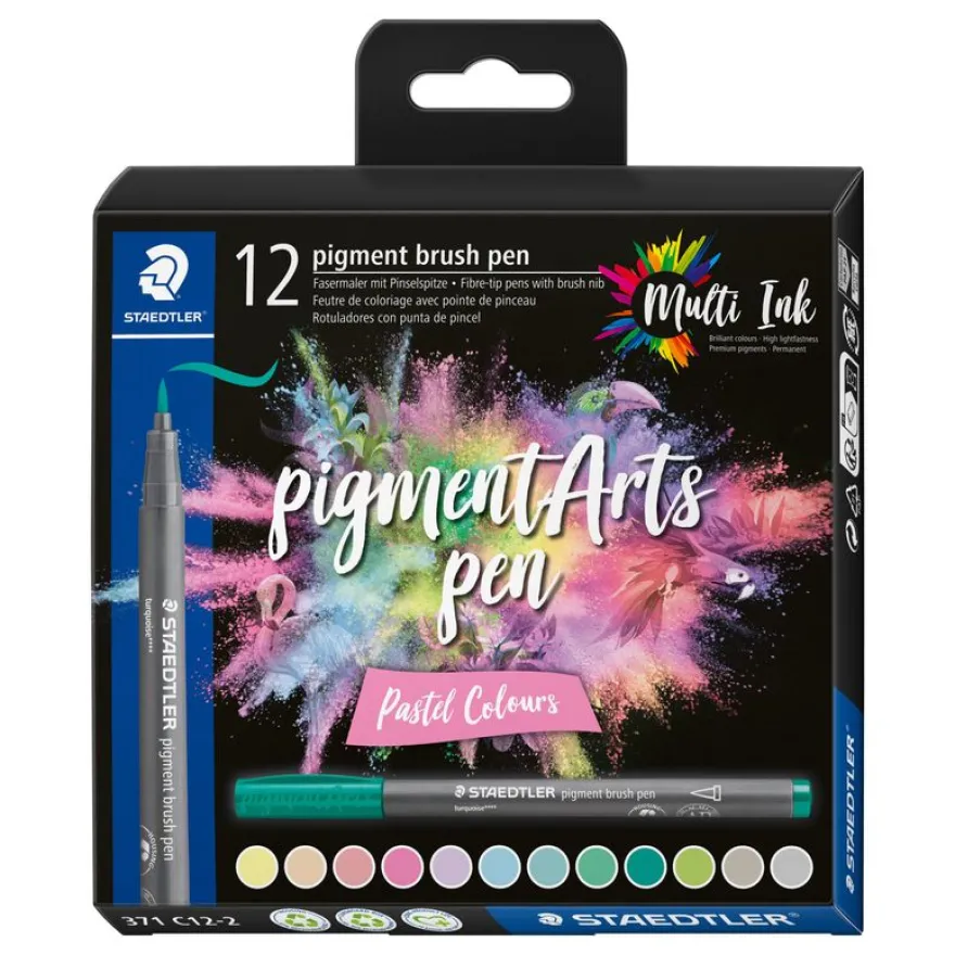 STAEDTLER Pigment brush 371 - 12 feutres pointe pinceau - couleurs pastel assorties