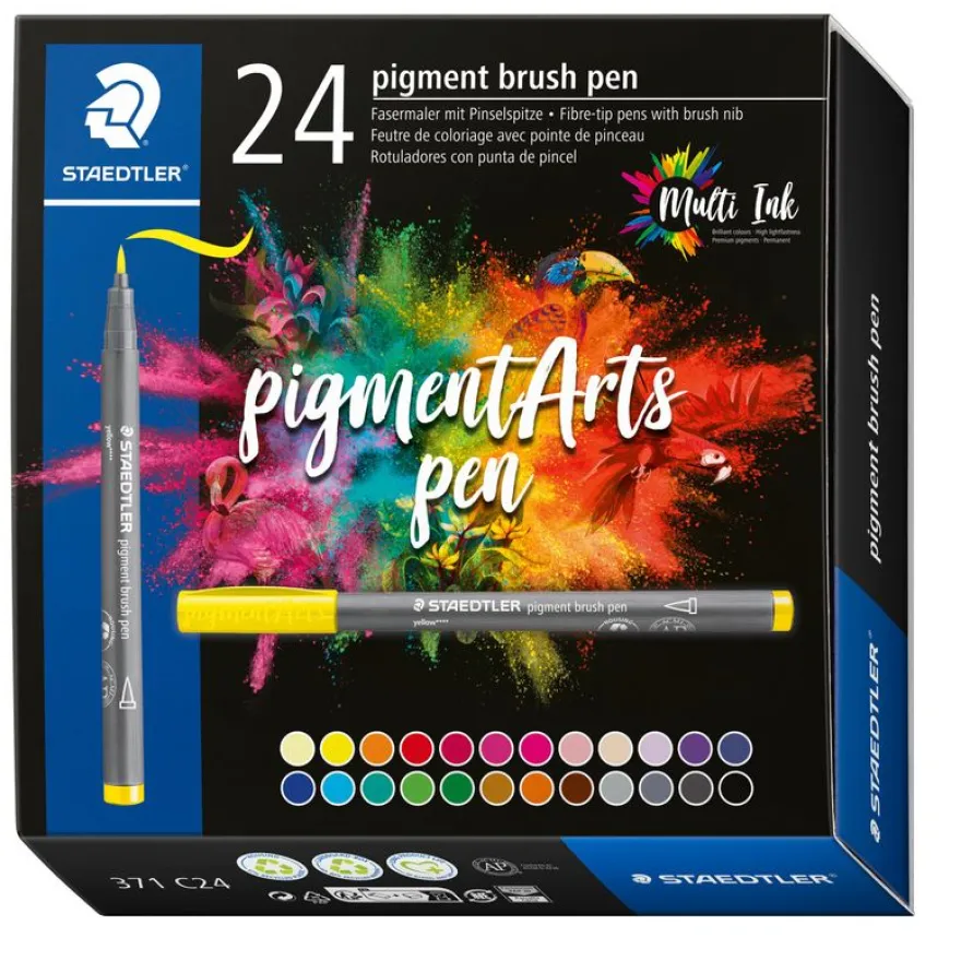 STAEDTLER Pigment brush 371 - 24 feutres pointe pinceau - couleurs assorties - encre Multi Ink intense