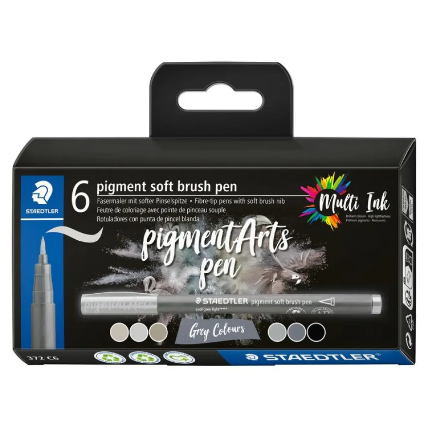 STAEDTLER Pigment soft brush 372 - 6 feutres pointe pinceau souple - gris & noir assortis
