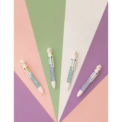 Stylo 6 couleurs vert avec tête de lapin 3D - motifs lapins et carottes - changement en un clic