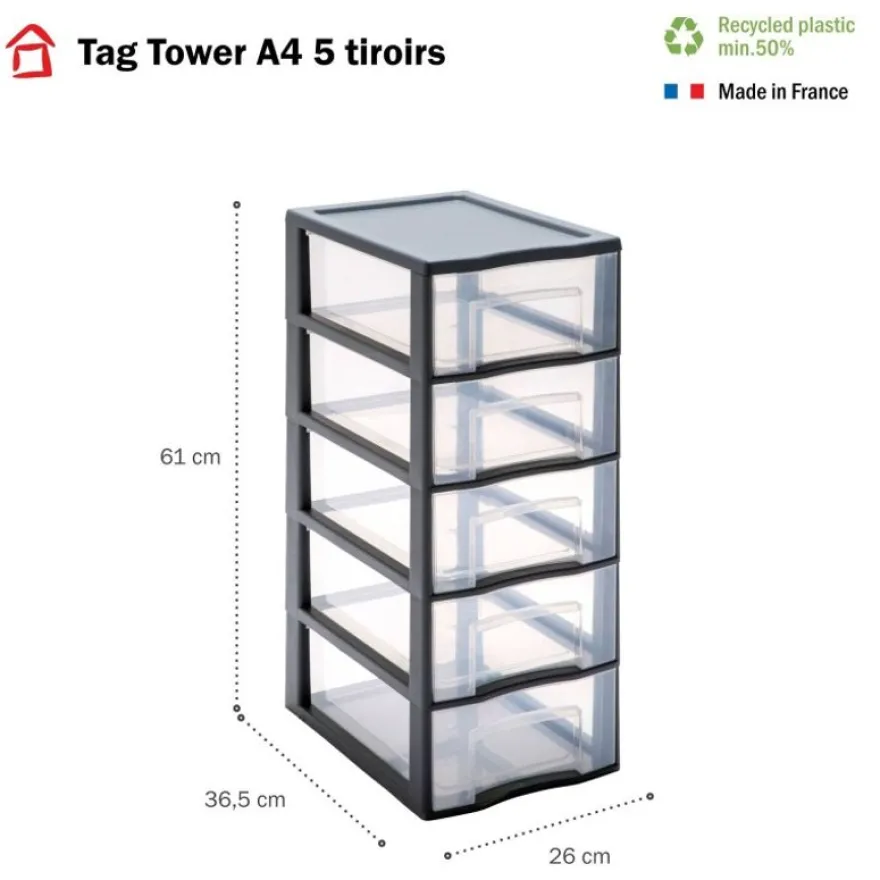 Sundis Tag Tower - Tour de rangement A4 - 5 tiroirs transparents - P36,5 cm x l26 cm x H61 cm