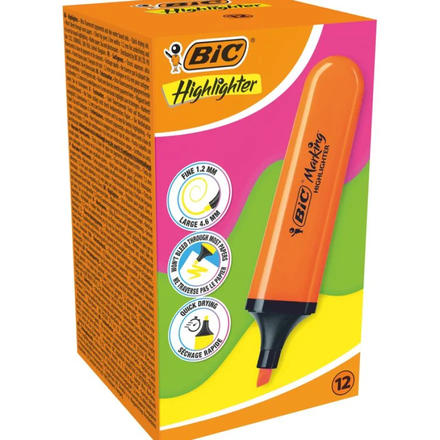 Surligneurs BIC Marking Flat avec Pointe Biseautée Modulable (1,2 mm-4,6 mm) - Orange Fluo