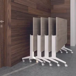 Table de réunion abattantes angle à droite - L200 x P80 cm - pied blanc - plateau imitation chêne gris