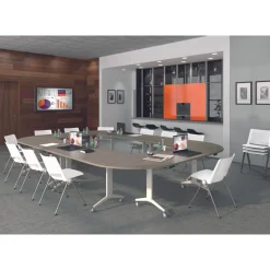 Table de réunion abattantes angle à gauche - L200 x P80 cm - pied blanc - plateau imitation chêne gris