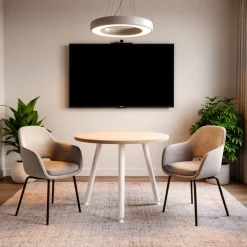 Table ronde - H74,4 cm - 80 cm - 3 Pieds blanc - plateau imitation chêne