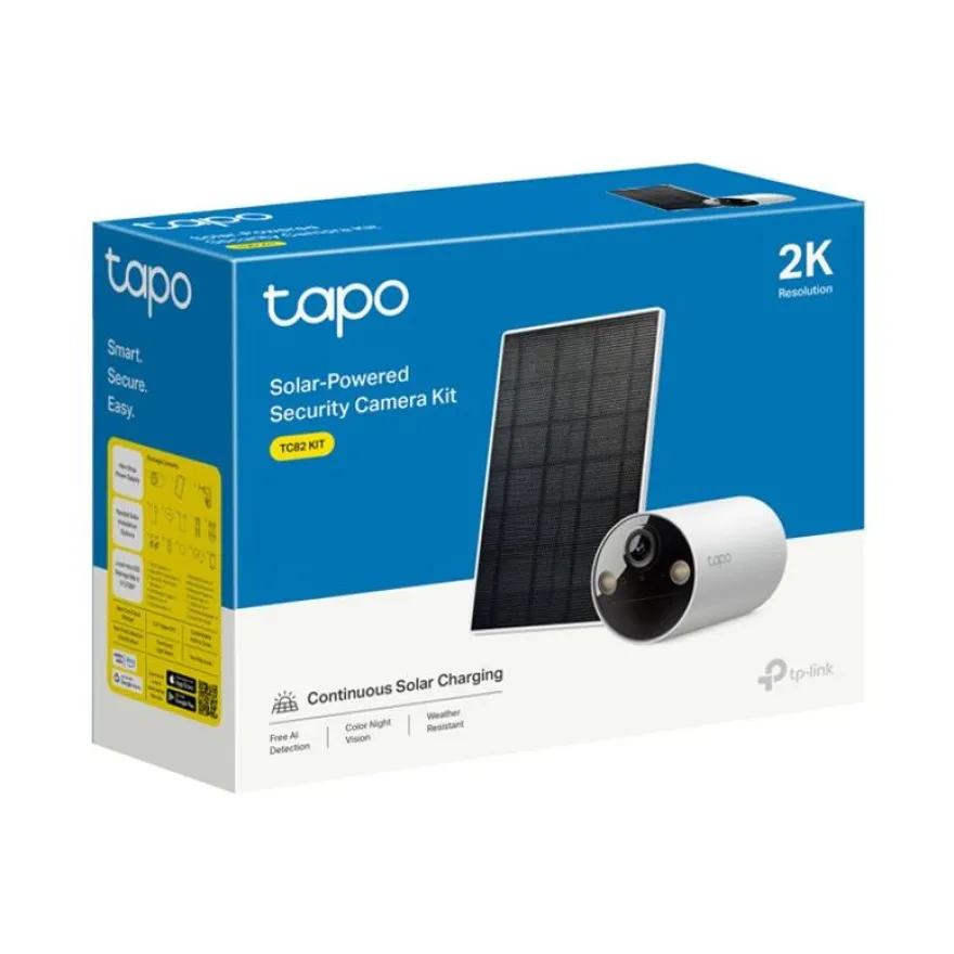Tapo TC82 KIT V1 - Caméra de surveillance réseau - intérieur, extérieur - résistant aux intempéries - couleur (Jour et nuit) - 3 MP - 2304 x 1296 - 2K - Focale fixe - audio - sans fil - Wi-Fi - 2.4GHz radio - H.264 - avec Panneau solaire Tapo A201