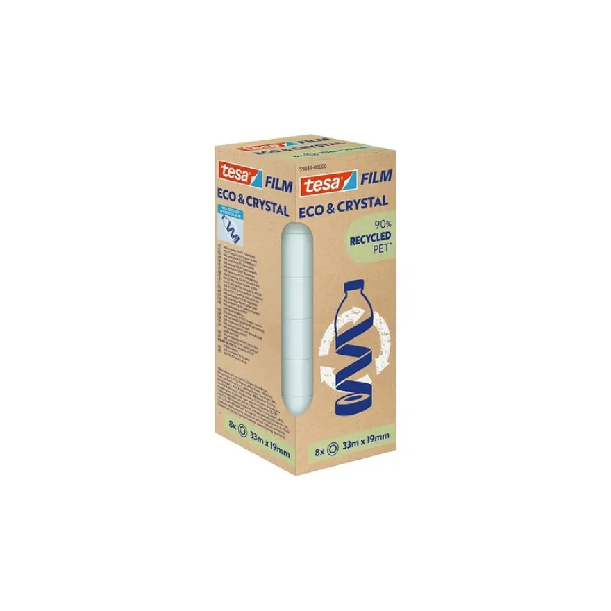 Tesafilm® Eco & Crystal – Tour de 8 Rouleaux 33 m x 19 mm - Ruban Adhésif Transparent Haute Qualité, 90 % PET Recyclé - Déroulement Silencieux
