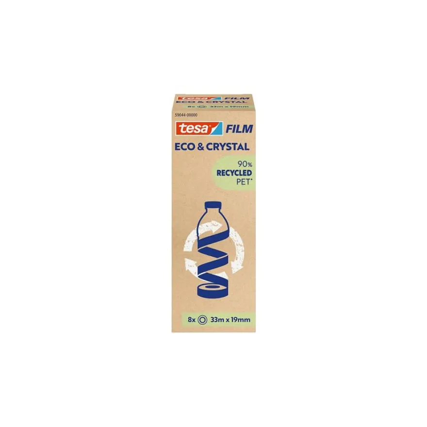 Tesafilm® Eco & Crystal – Tour de 8 Rouleaux 33 m x 19 mm - Ruban Adhésif Transparent Haute Qualité, 90 % PET Recyclé - Déroulement Silencieux