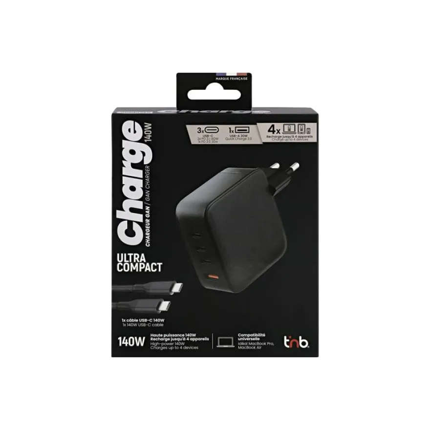 T'nB - Chargeur secteur GaN - 4 connecteurs de sortie (USB type A, 3 x USB-C) - noir