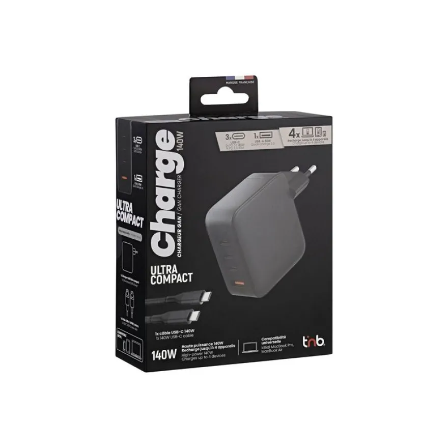 T'nB - Chargeur secteur GaN - 4 connecteurs de sortie (USB type A, 3 x USB-C) - noir
