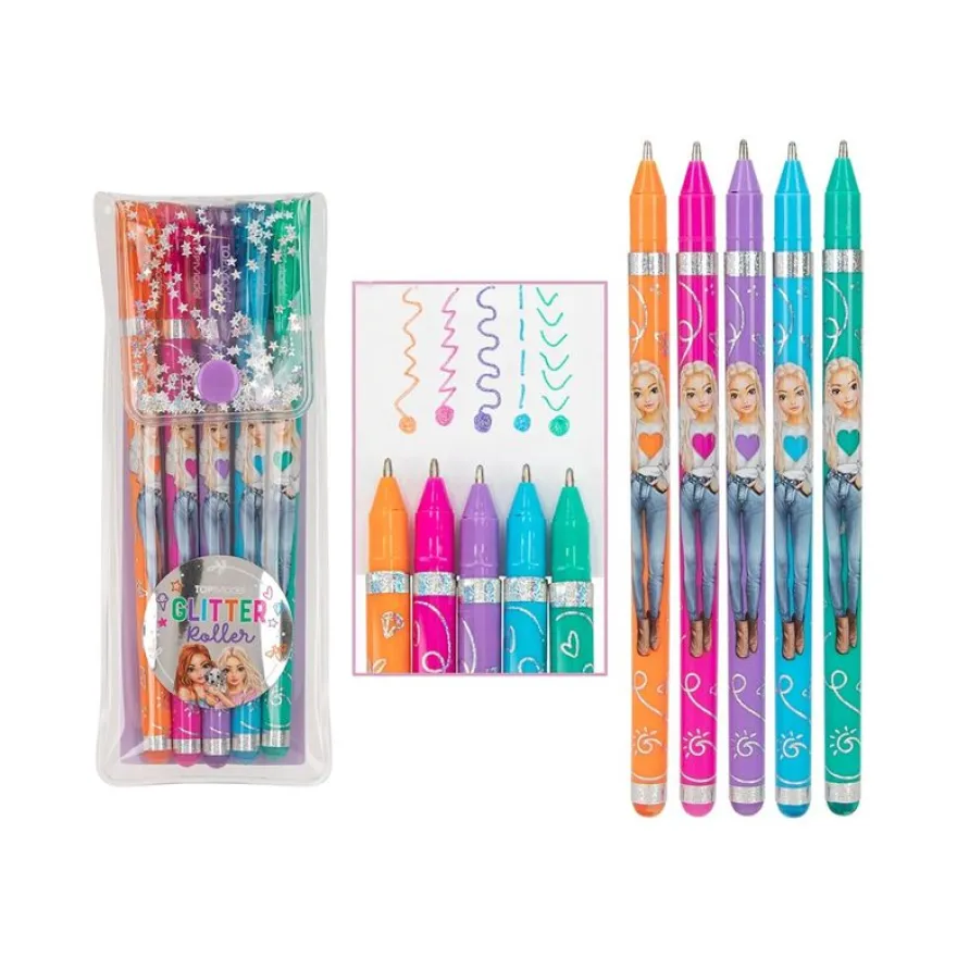 TOPModel - Roller - orange éclatant, rose paillette, violet paillette, bleu paillettes, vert à paillettes - encre gel (pack de 5)