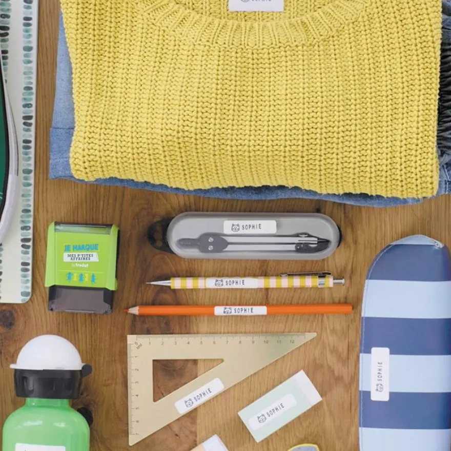 Trodat – Tampon pour marquer les affaires des enfants + étiquettes adhésives et bande thermocollante (à composer soi-même)