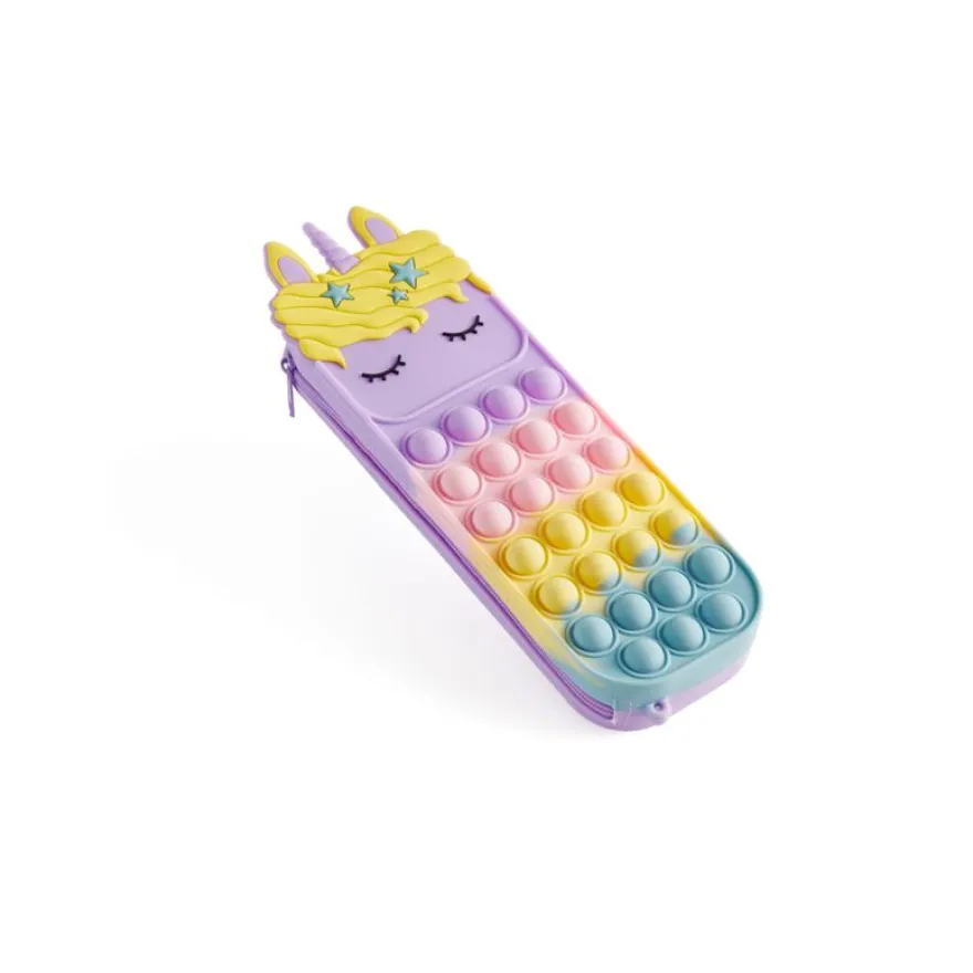 Trousse Pop‑It licorne lavande multicolore avec bulles antistress et surface lavable douce