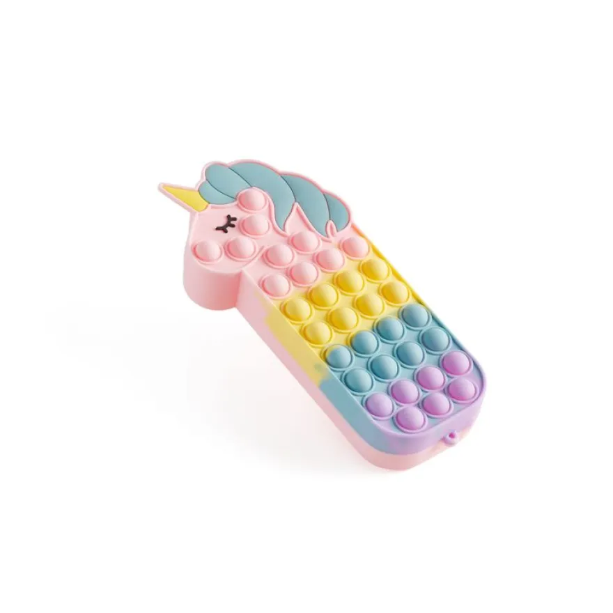 Trousse Pop‑It licorne rose multicolore avec bulles antistress et surface lavable douce