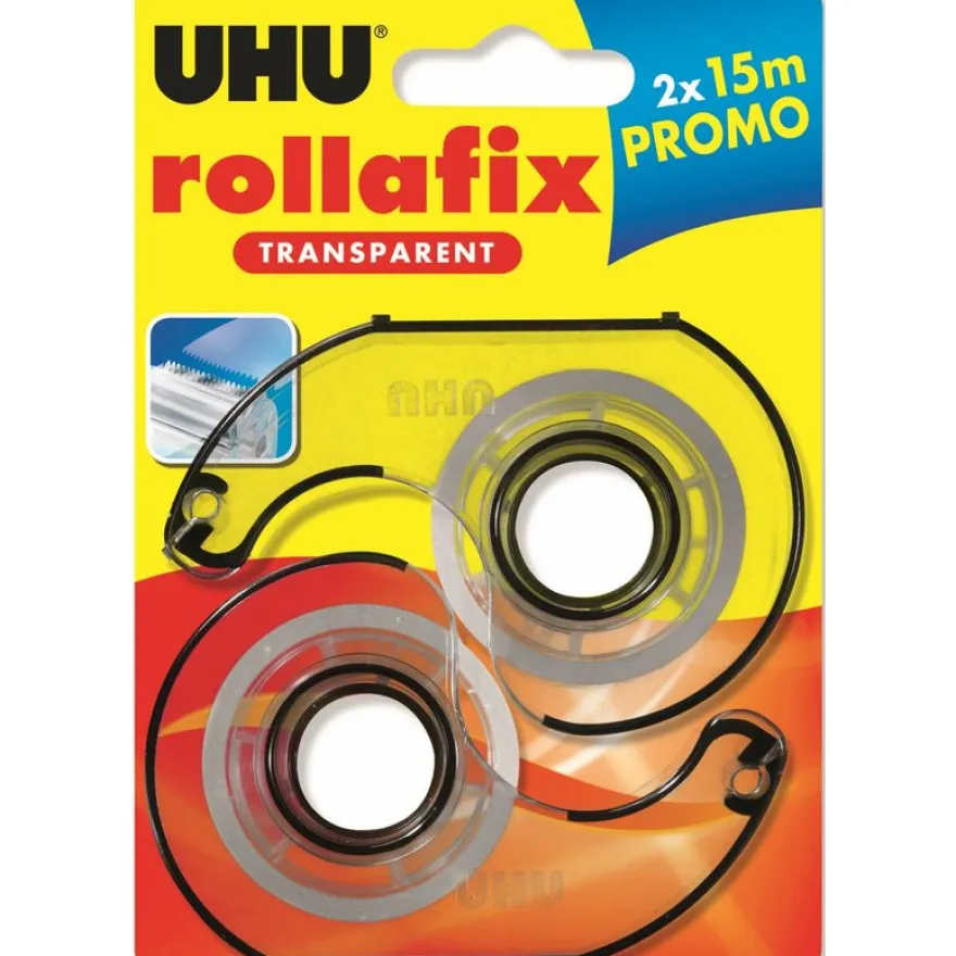 UHU rollafix - 2 Dévidoirs avec ruban de bureau transparent 15m