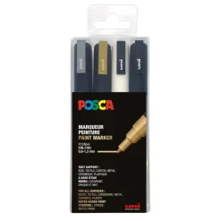 Uni POSCA PC-3M - Pack de 4 marqueurs - noir, argent, blanc, or