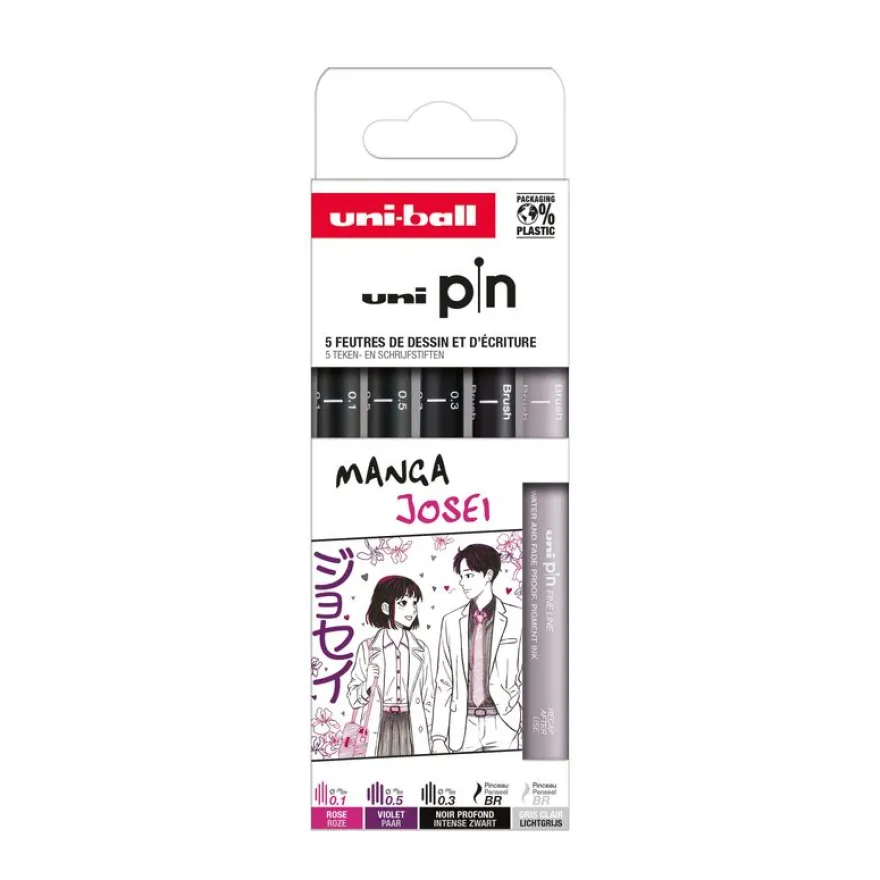 Uni-Ball - Feutres d’écriture PIN - thème Manga Josei - pointes assorties - lot de 5