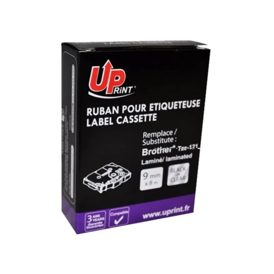 Uprint - Ruban d'étiquettes auto-adhésives pour Brother TZeS121 - 1 rouleau (9 mm x 8 m) - fond transparent écriture noire