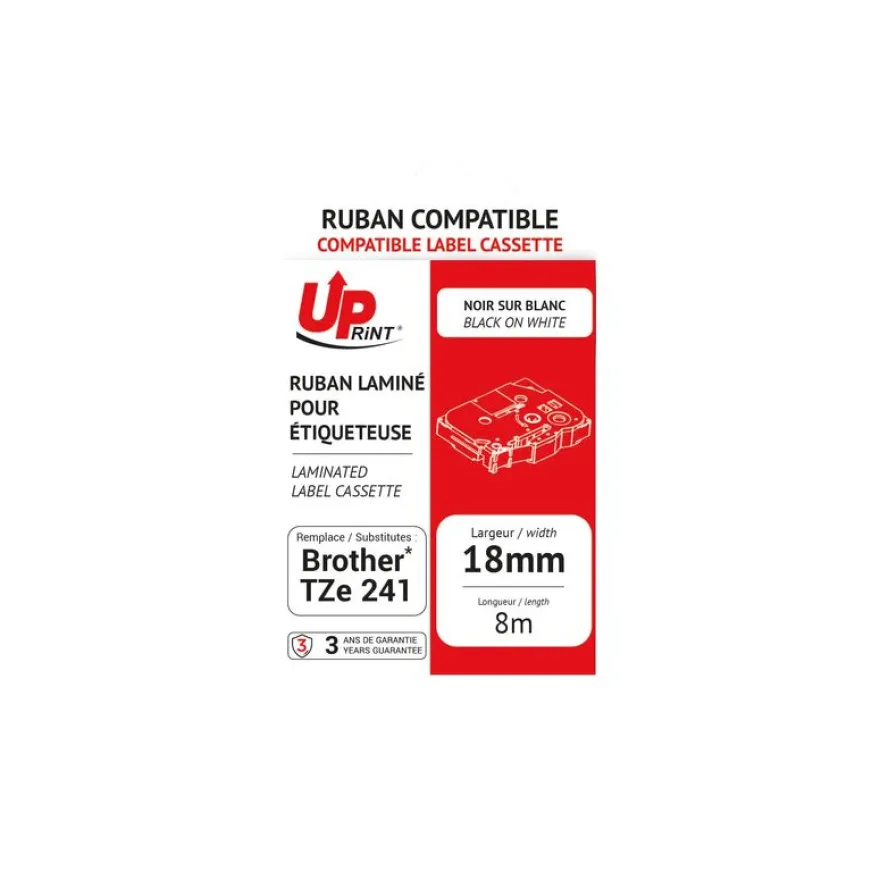 UPrint - Ruban d'étiquettes auto-adhésives pour Brother TZe241 - 1 rouleau (18 mm x 8 m) - fond blanc écriture noire