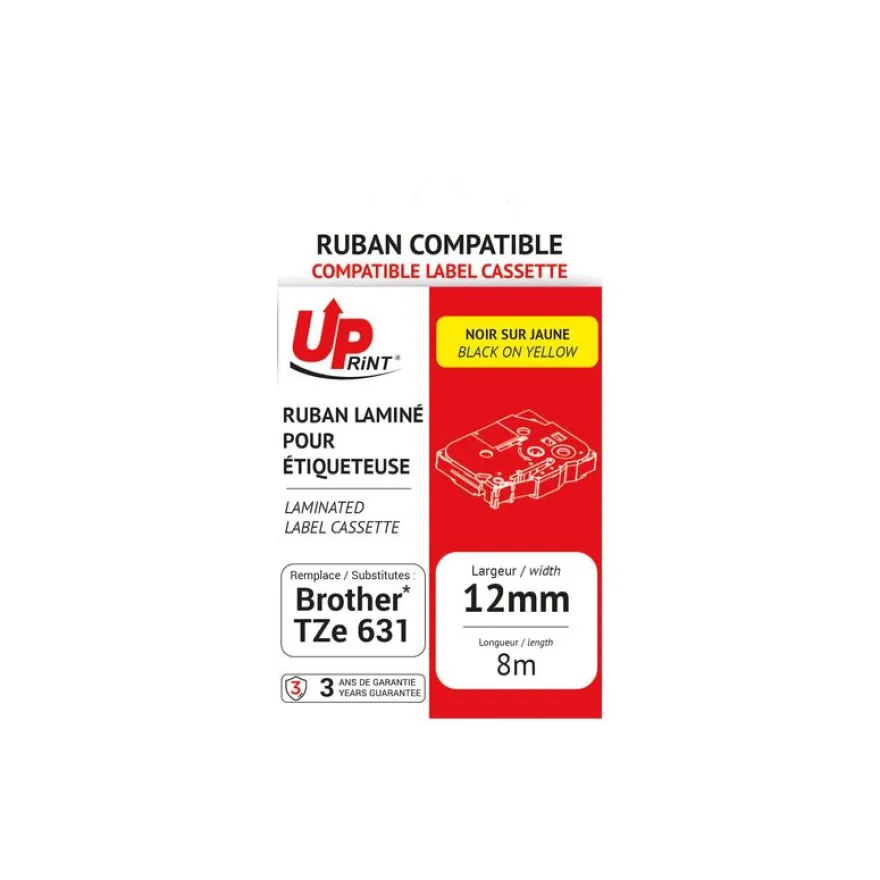 UPrint - Ruban d'étiquettes auto-adhésives pour Brother TZe631 - 1 rouleau (12 mm x 8 m) - fond jaune écriture noire