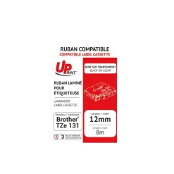 UPrint - Ruban d'étiquettes auto-adhésives pour Brother TZe131 - 1 rouleau (12 mm x 8 m) - fond transparent écriture noire