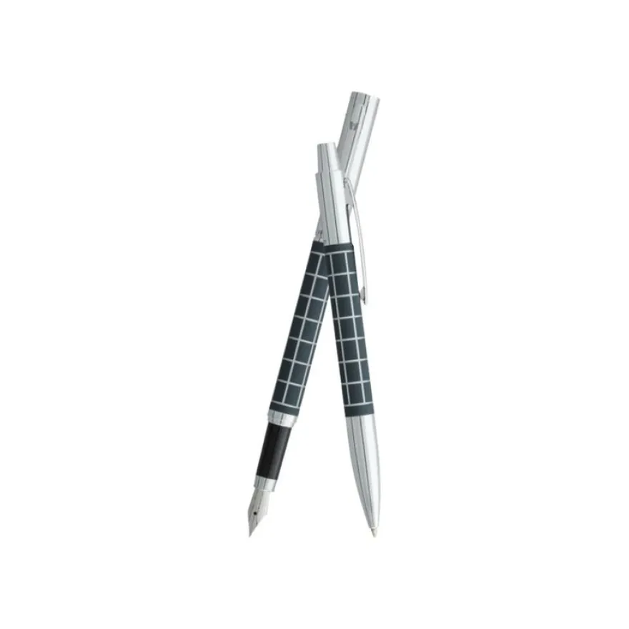 Vuarnet Swing Quadrillé - Parure stylo à bille et sylo plume bordeaux satiné