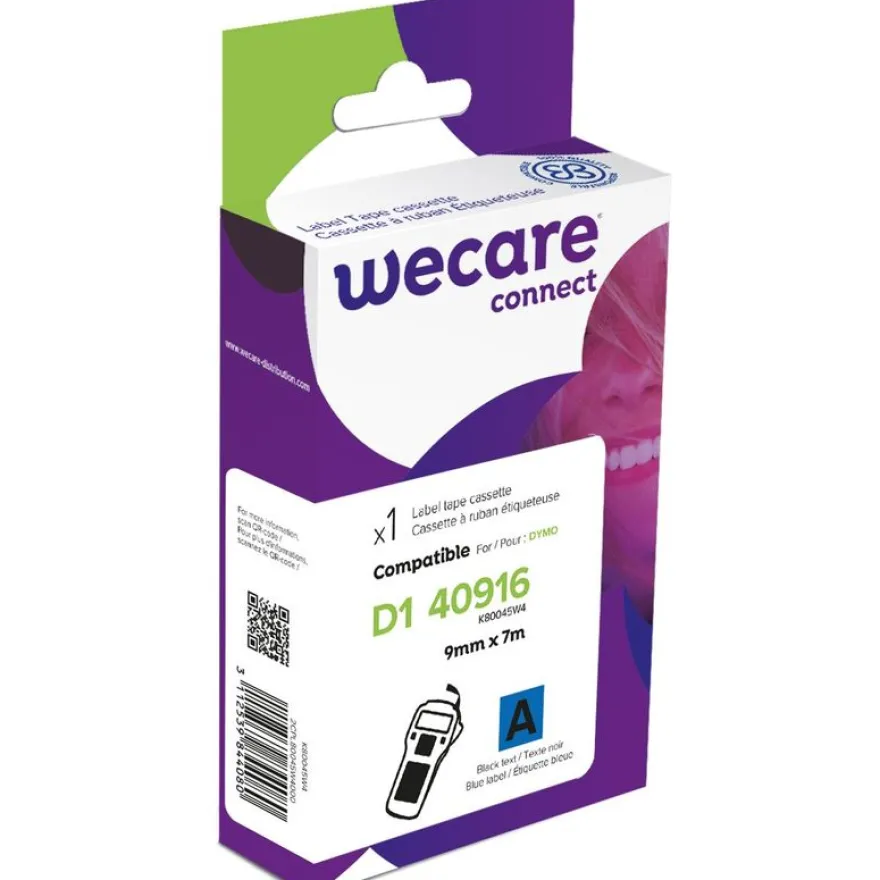 WECARE - Ruban d'étiquettes auto-adhésives pour DYMO - D1 40916 - 1 rouleau (9 mm x 7 m) - fond bleu écriture noire