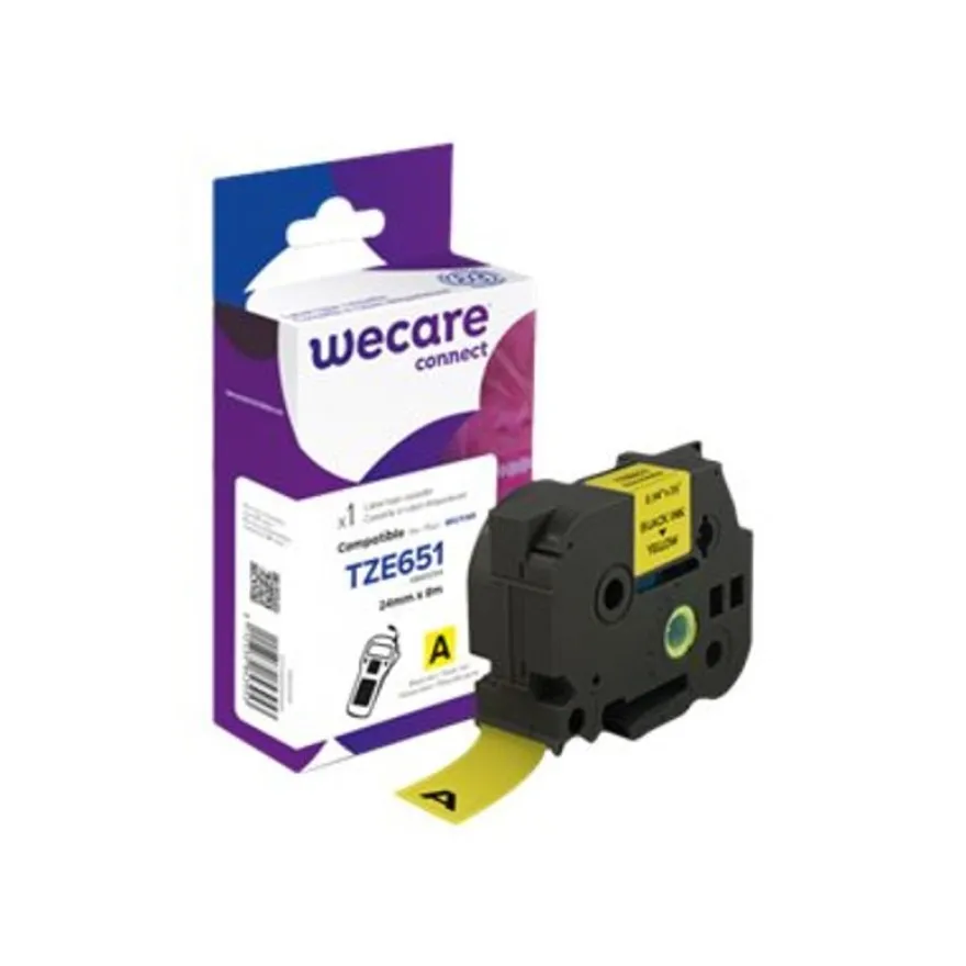 Wecare - Ruban d'étiquettes compatible Brother TZE651 - 1 rouleau (2,4 cm x 8 m) - fond jaune écriture noire