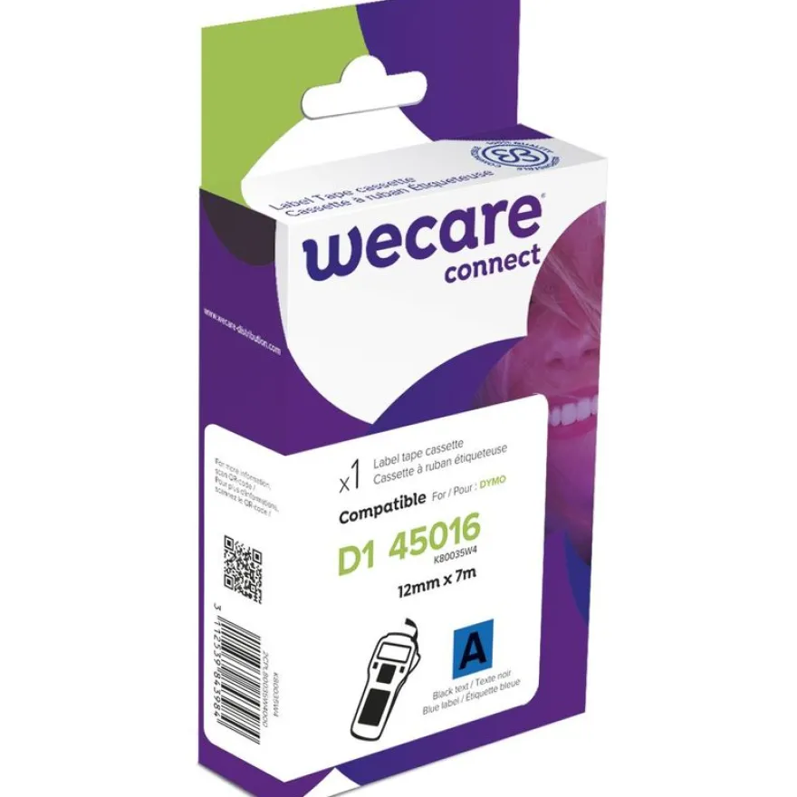 WECARE - Ruban d'étiquettes auto-adhésives pour DYMO - D1 45016 - 1 rouleau (12 mm x 7 m) - fond bleu écriture noire
