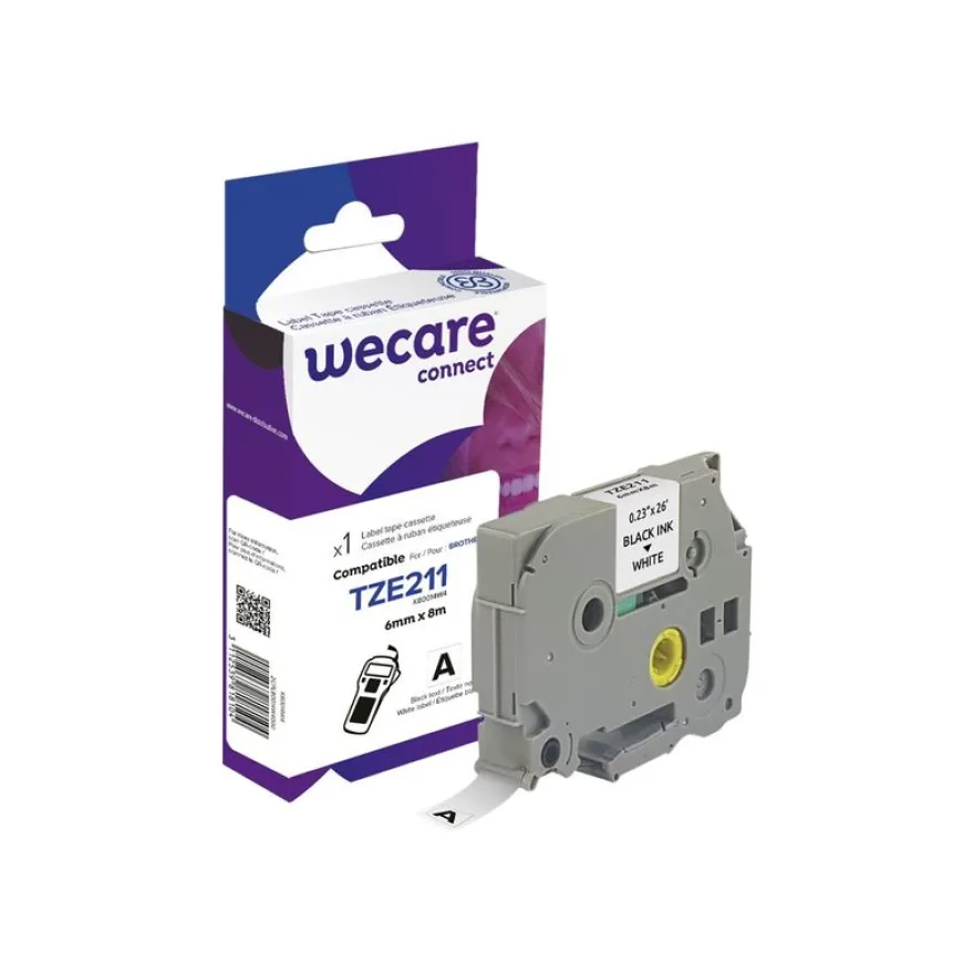 Wecare ruban d'étiquette compatible Brother TZE211 - 1 rouleau (0,6 cm x 8 m) - fond blanc écriture noire