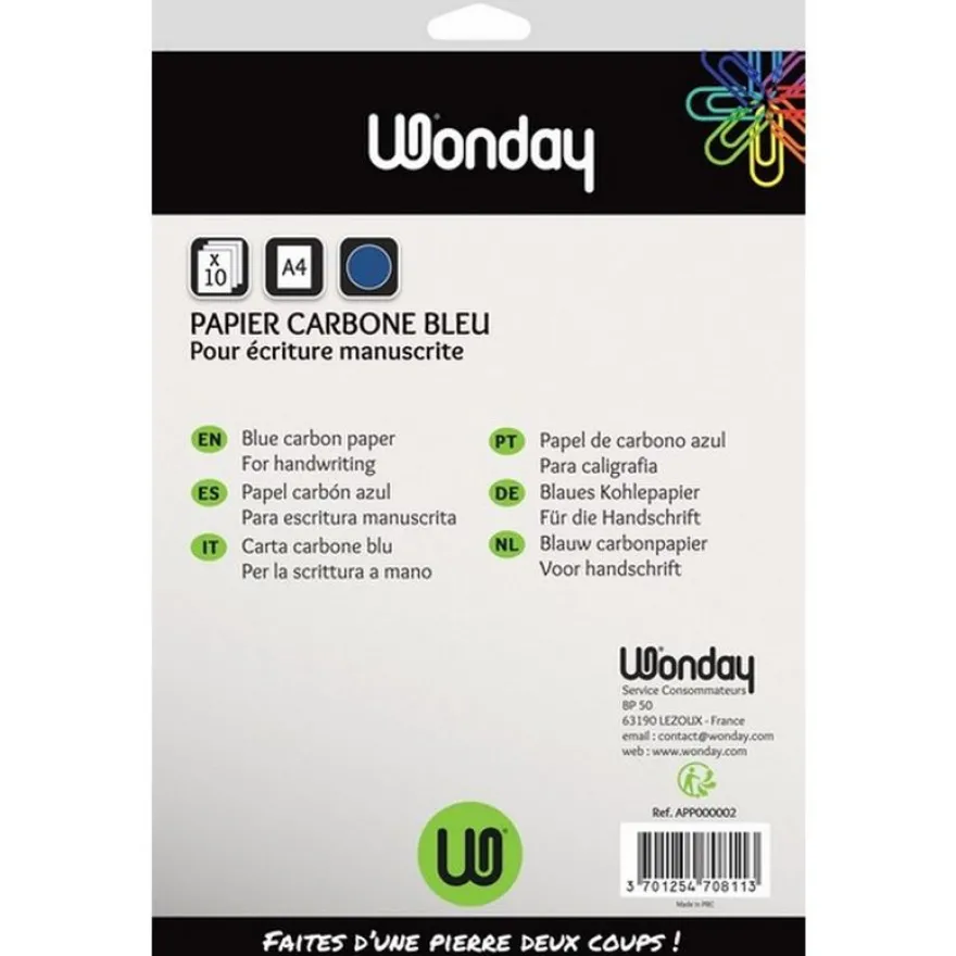 Wonday - 10 feuilles de papier carbone A4 - bleu