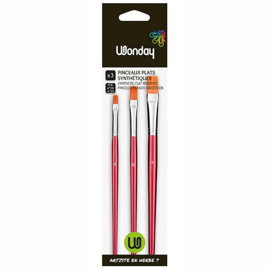 Wonday - Pack de 3 pinceaux plats - N° 6, 10, 14