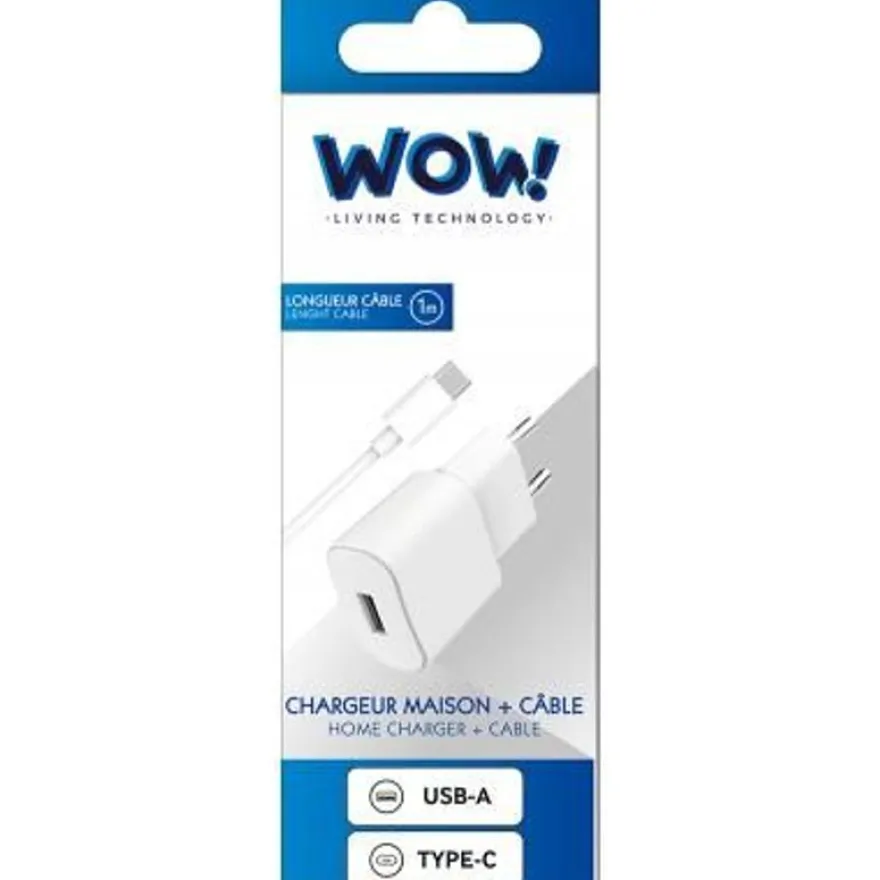 Wow - Kit Chargeur USB A 2.4A + Câble USB A / USB C - 1m - Blanc